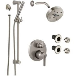 Delta Trinsic Pressure Balanced Shower System with Shower Head, Shower Arm, Hand Shower, Slide Bar, Bodysprays, Hose, Valve Trim and MultiChoice Rough-In