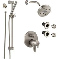 Delta Trinsic Pressure Balanced Shower System with Shower Head, Shower Arm, Hand Shower, Slide Bar, Bodysprays, Hose, Valve Trim and MultiChoice Rough-In