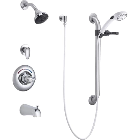 Delta Single Handle Tub and Shower Valve Trim with 1.5GPM Single Function Shower Head 24" Grab / Slide Bar and Metal Blade Handle from the Commercial Series